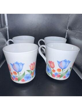 Vintage Corning Corelle Fresh Cut Tulips Coffee Tea Mug Set Of 4